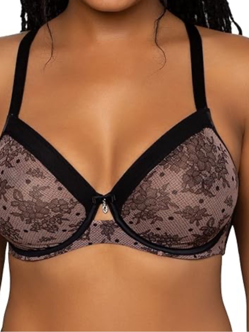 Curvy Couture Mauve and Black Lace Full Coverage Underwire Bra 36H
